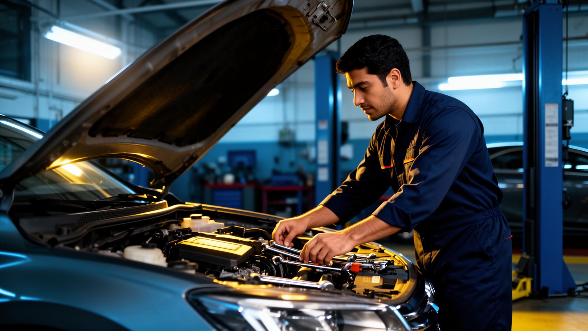 Professional mechanic working on a vehicle engine in Miami auto repair shop
